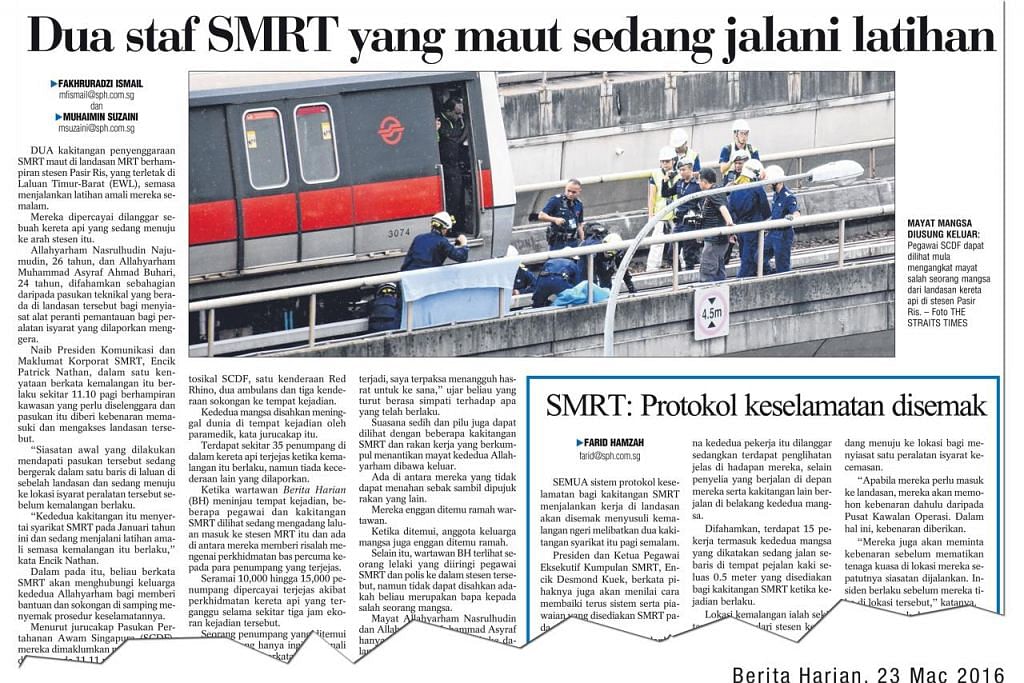 KEMALANGAN BAWA MAUT DI LANDASAN MRT SMRT Trains dan dua pekerja didakwa di mahkamah
