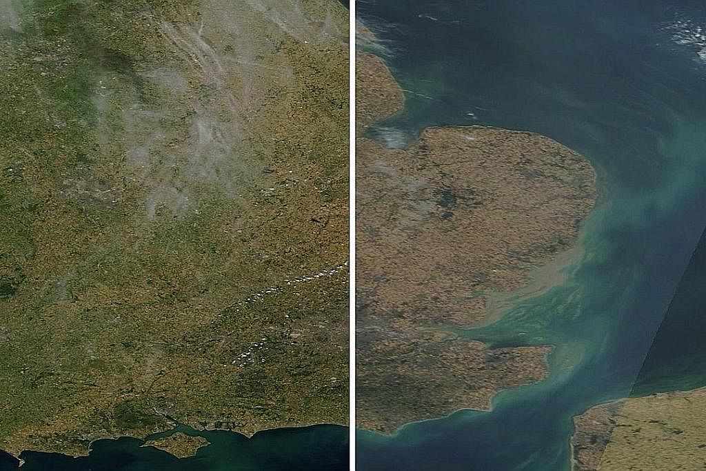 RAKAM PERUBAHAN: Gambar-gambar yang didedahkan oleh Agensi Aeronautik dan Angkasa Lepas (Nasa) menunjukkan perbezaan ketara di tenggara dan timur England yang bertukar daripada hijau kepada coklat dalam masa beberapa hari disebabkan oleh suhu yang me
